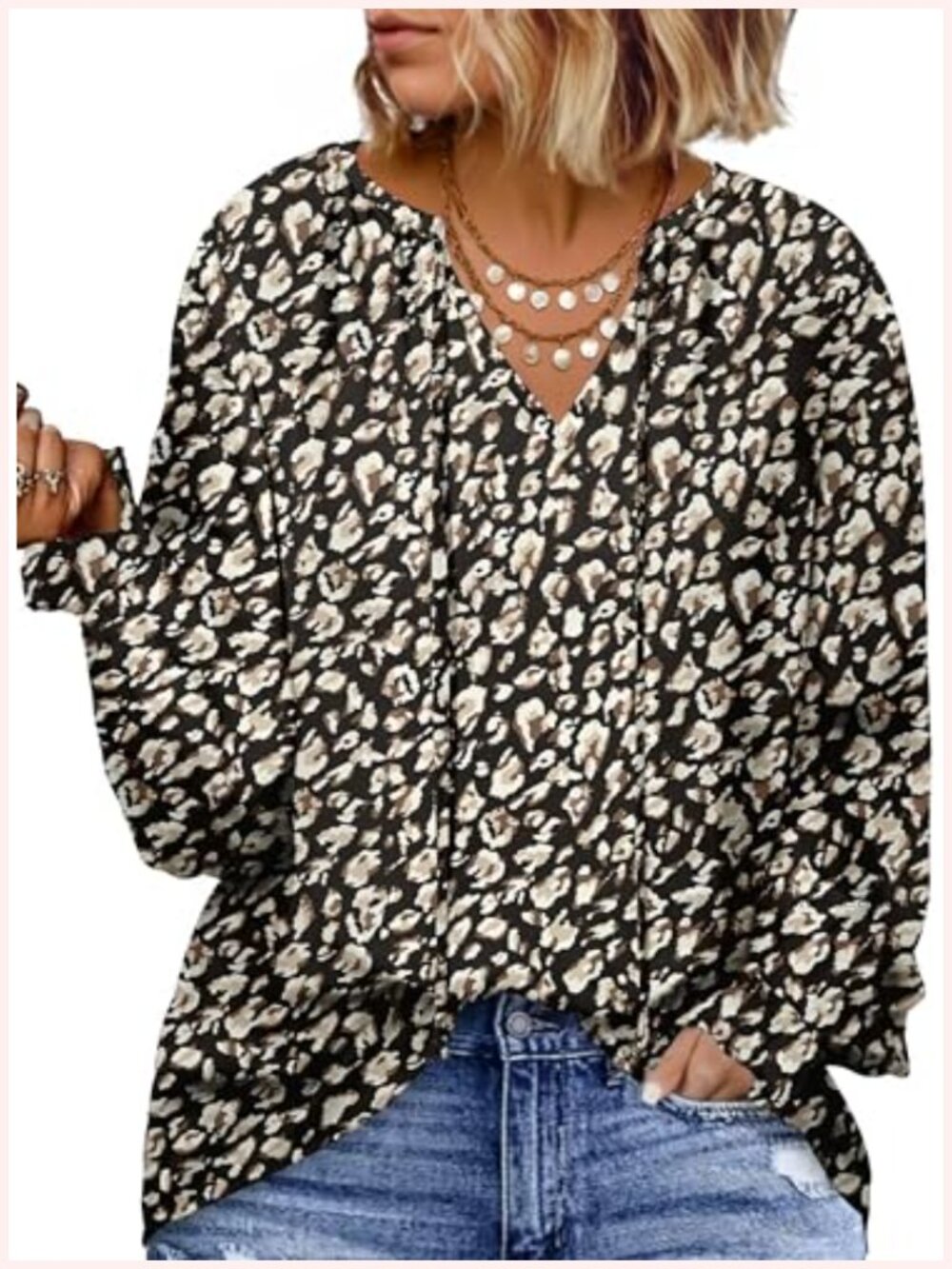 Plus Size Women's Boho Floral Blouse V-Neck Long Sleeve Drawstring Lightweight